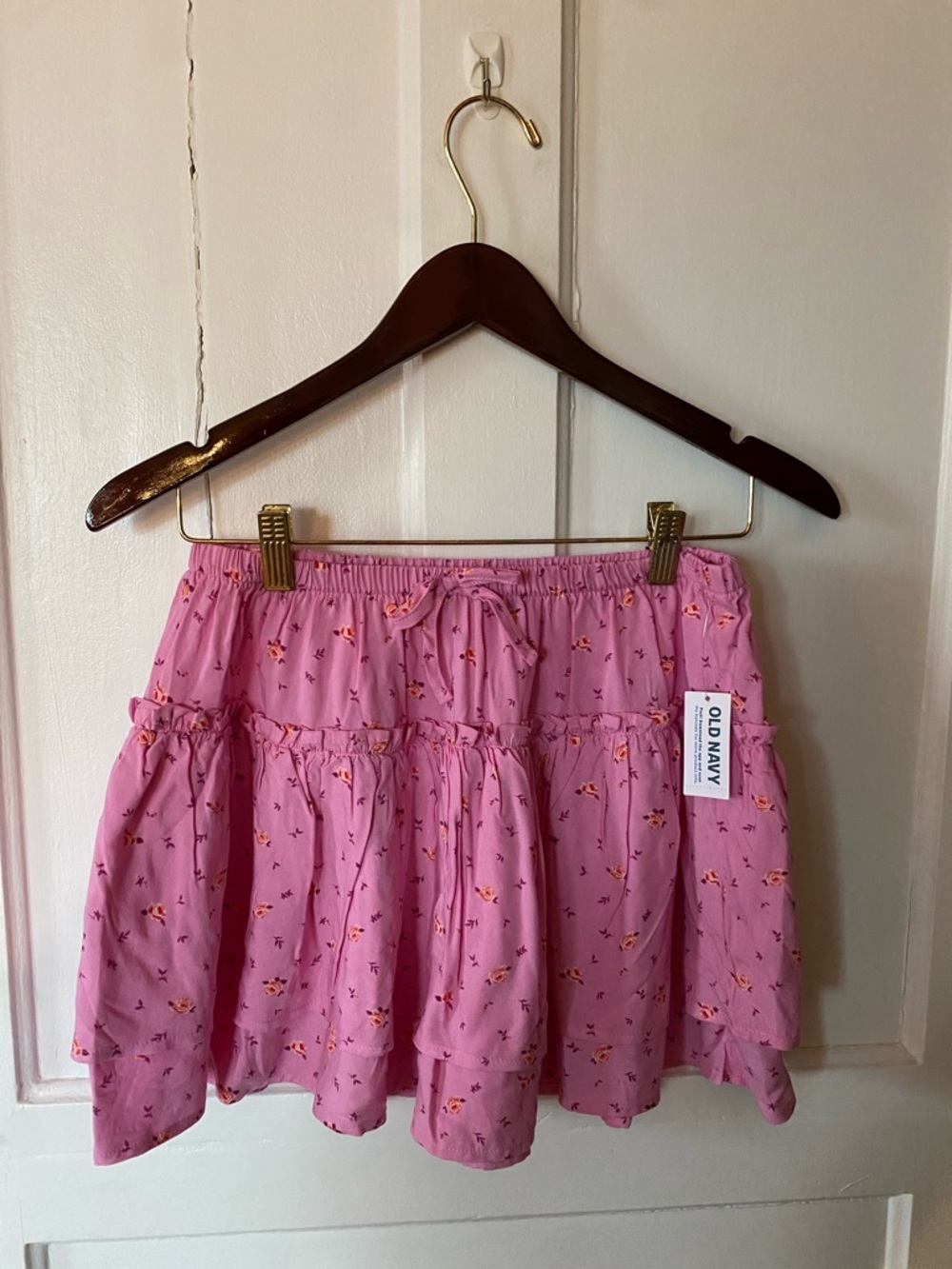 Old Navy Pink Floral Tiered Mini Skirt with Drawstring Waist